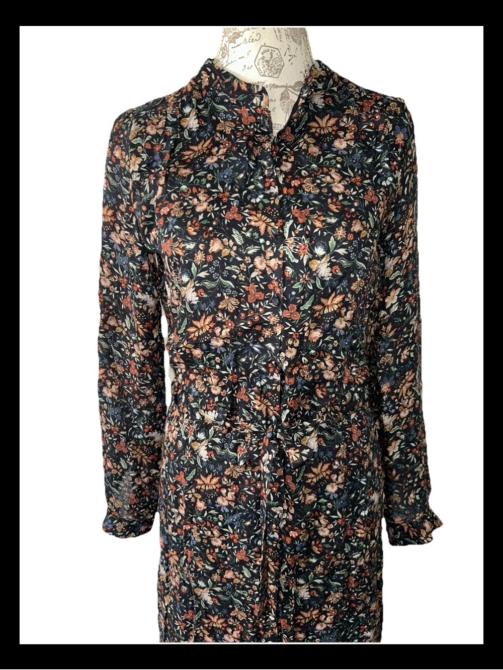 Sezane Silk Floral Midi Shirt Dress Black Button Front Long Sleeve 36 US 4